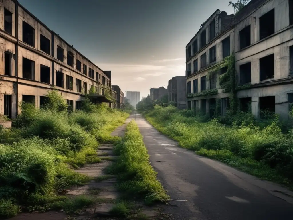 Un paisaje urbano abandonado con edificios en ruinas y vegetación recuperando el entorno. Evoca la sensación de desolación y el desafío de mantener infraestructuras en áreas deshabitadas. <b>Gastos públicos en ciudades deshabitadas.