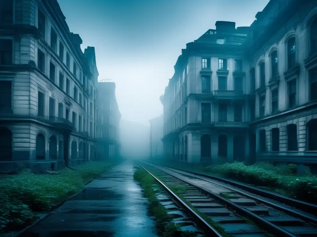 Un paisaje urbano abandonado, envuelto en misterio y niebla, evocando películas sobre ciudades fantasma.