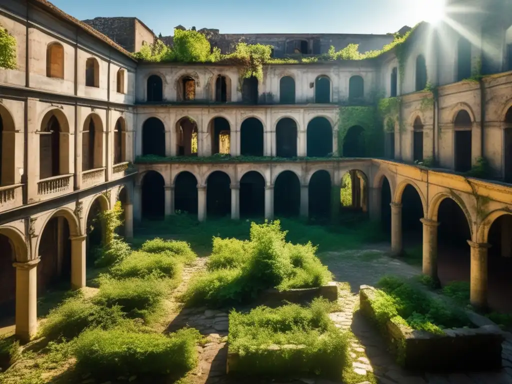 Un paisaje urbano abandonado, invadido por la naturaleza, con edificios en ruinas y una atmósfera misteriosa. <b>Modelado en 3D de ciudades abandonadas.