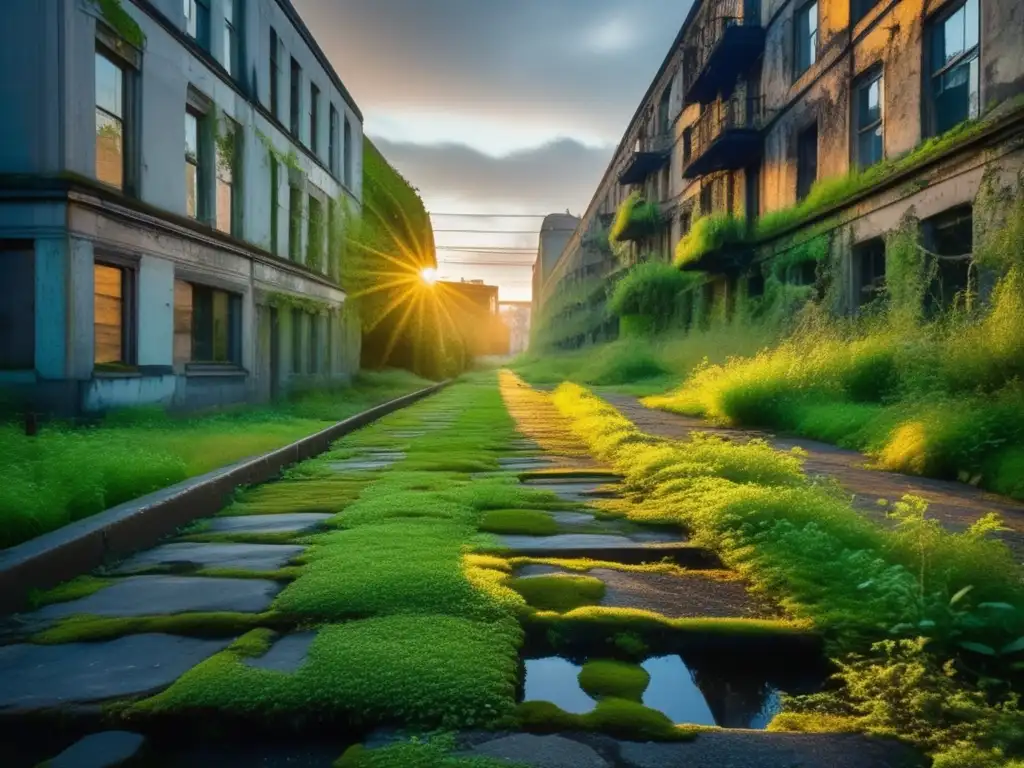 Un paisaje urbano abandonado, invadido por la naturaleza, refleja la identidad de las ciudades fantasma a través del arte.