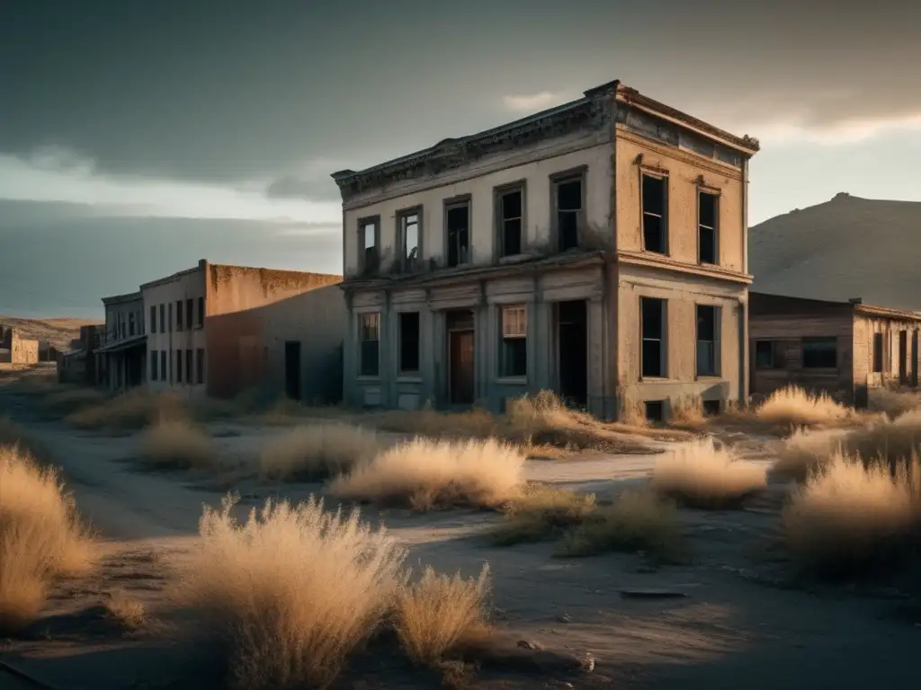 Un paisaje urbano abandonado y misterioso con edificios en ruinas y vegetación descontrolada, capturando la belleza inquietante de un pueblo fantasma. Postprocesamiento digital para fotos urbanas.