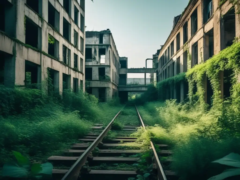 Un paisaje urbano abandonado se fusiona con la naturaleza, creando un ambiente misterioso y desolado. <b>Redescubriendo ciudades fantasma abandonadas.