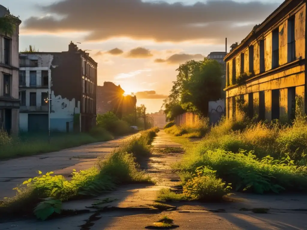 Un paisaje urbano abandonado, con naturaleza reclamando la ciudad. <b>Atmósfera de belleza desolada.</b> <b>Capturar la esencia ciudad abandonada.