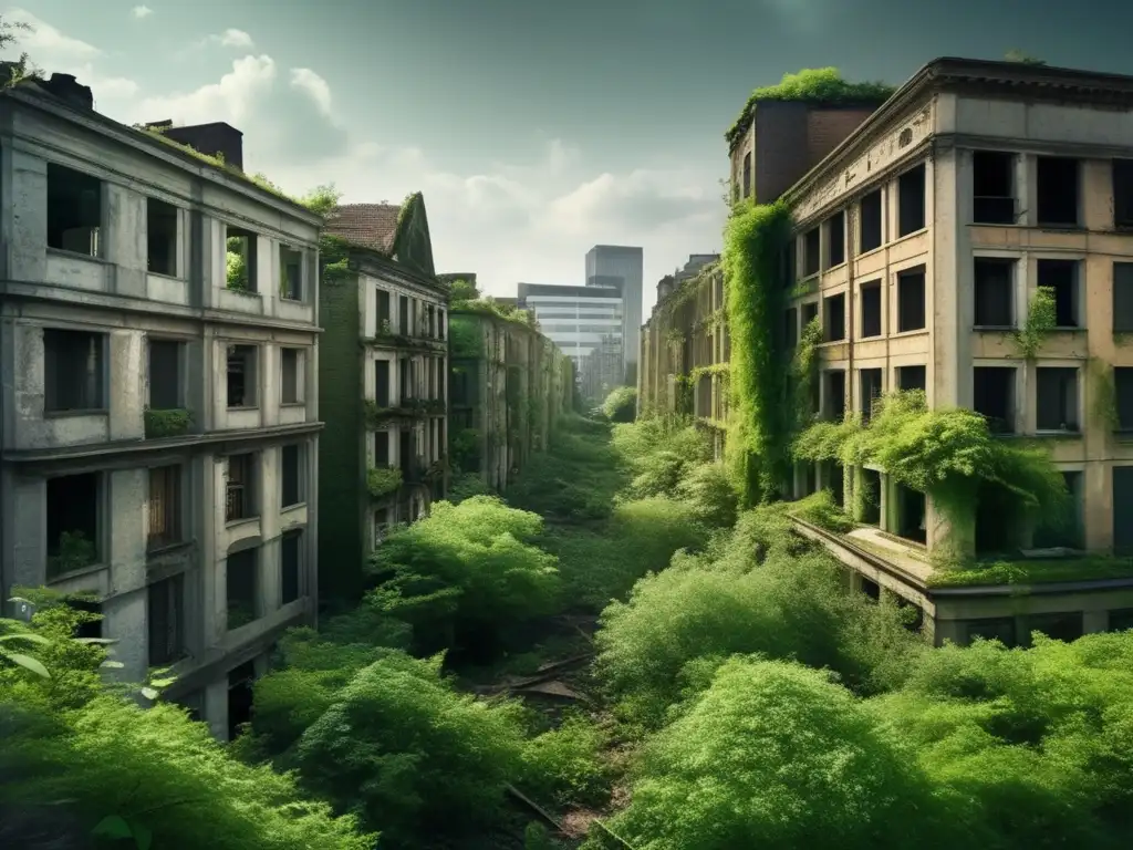 Un paisaje urbano abandonado muestra la naturaleza reclamando la ciudad, documentando ruinas ciudades abandonadas.