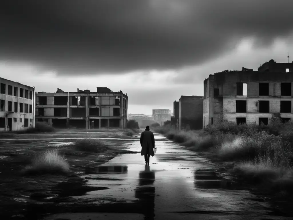 Un paisaje urbano desolado en blanco y negro, con edificios en ruinas, vegetación crecida y calles vacías. <b>En la distancia, una figura solitaria camina.</b> <b>El cielo nublado crea una atmósfera melancólica.</b> Las ciudades olvidadas y la posibilidad de transformación