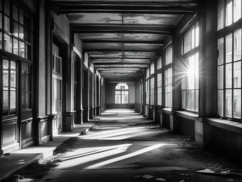 Un paisaje urbano desolado en blanco y negro, con edificios abandonados, vehículos y vegetación. <b>Impacto cultural ciudades desiertas.