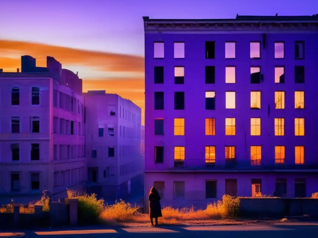 Un paisaje urbano desolado al anochecer, con edificios abandonados proyectando largas sombras sobre calles vacías. La naturaleza comienza a reclamar el paisaje urbano, con enredaderas y vegetación que se abren paso por muros derruidos y ventanas rotas. El cielo