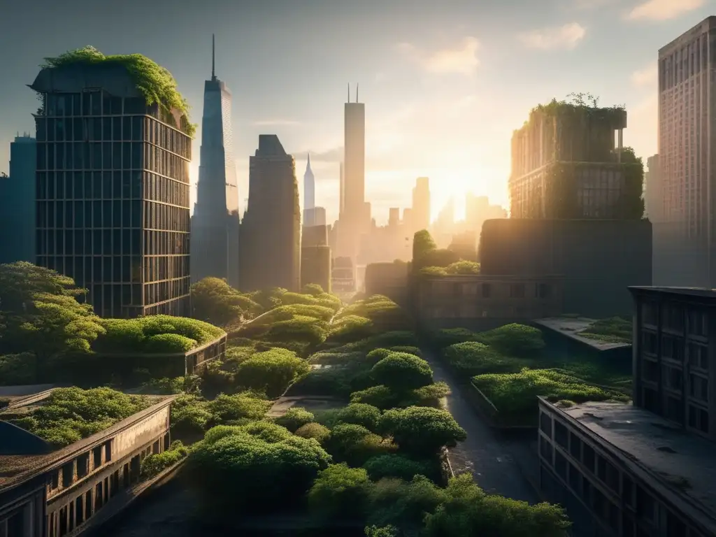 Un paisaje urbano desolado de una metrópolis abandonada, con rascacielos cubiertos de vegetación, edificios en ruinas y la naturaleza reclamando el paisaje urbano. La luz del sol se filtra a través de las ventanas rotas, proyectando sombras inquietantes en el