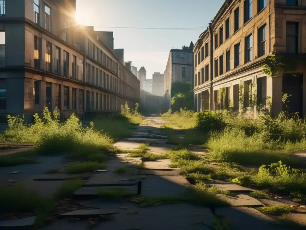 Un paisaje urbano fantasmal en 8k, con edificios en ruinas y naturaleza reclamando la ciudad. <b>Modelado 3D para ciudades fantasma.