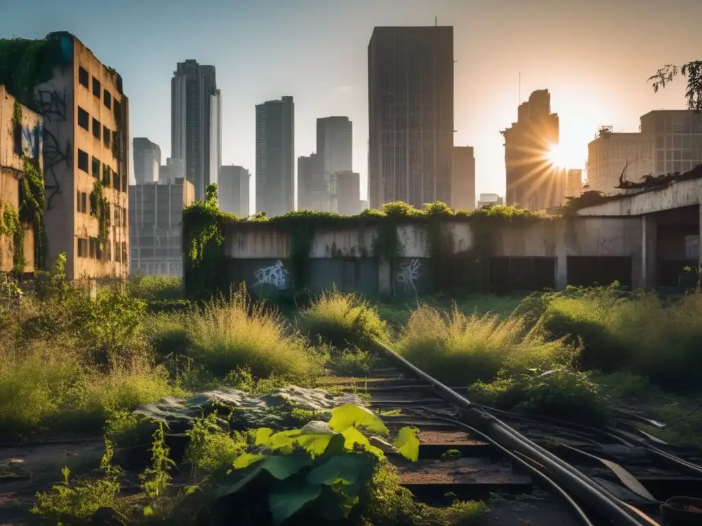 Un paisaje urbano postapocalíptico abandonado con rascacielos cubiertos de enredaderas y graffiti, transmitiendo una atmósfera desoladora. Lugares postapocalípticos abandonados.