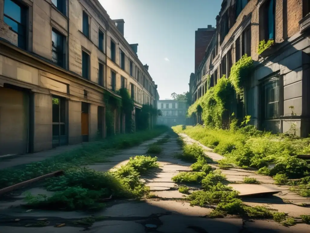 Un paisaje urbano postapocalíptico, con edificios en ruinas invadidos por la naturaleza. <b>Cine postapocalíptico ciudades fantasma.