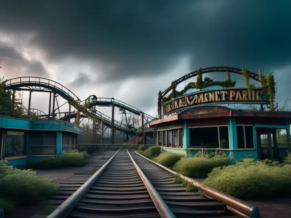 Un parque de atracciones abandonado y cubierto de maleza con nubes amenazadoras, transmitiendo la psicología del encanto en lugares abandonados.