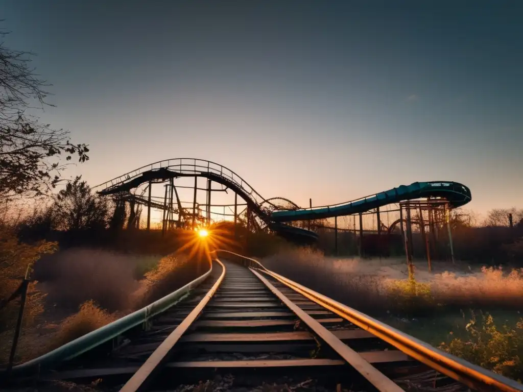 Un parque de atracciones abandonado, invadido por la naturaleza, con estructuras oxidadas bajo la luz del atardecer. Evoca nostalgia y melancolía, cuestionando el impacto del turismo en lugares abandonados.