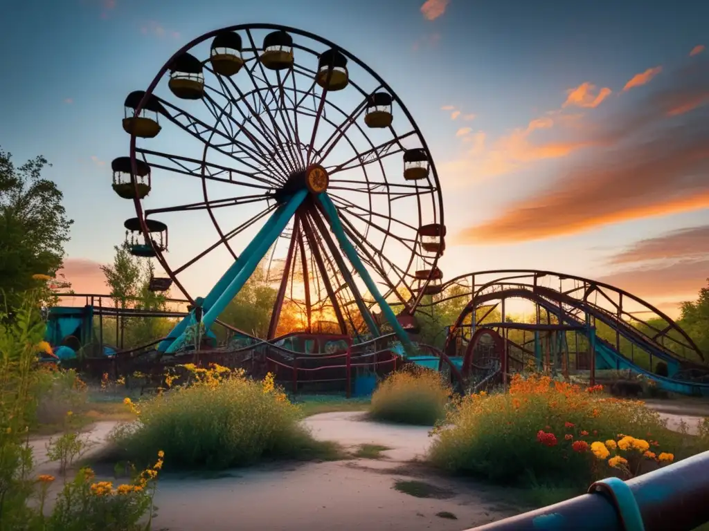 Un parque de diversiones abandonado al atardecer, con naturaleza reclamando el lugar. <b>Evoca nostalgia y la belleza de sitios olvidados.