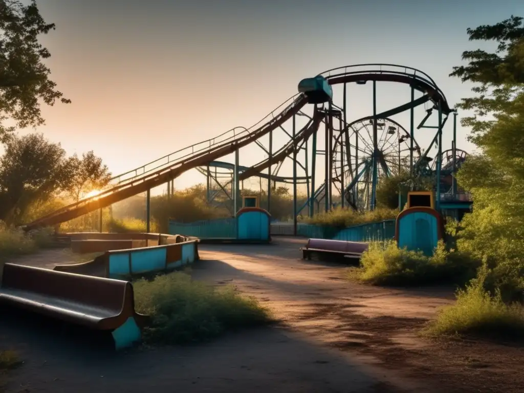 Un parque de diversiones abandonado al atardecer, con la sensación de misterio y nostalgia. Escenario perfecto para un episodio de 'lugares abandonados misterios podcast'.