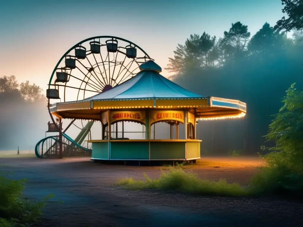 Un parque de diversiones abandonado y cubierto de maleza, rodeado por un denso y misterioso bosque al amanecer. Un recordatorio de la atracción de lugares abandonados alrededor del mundo.