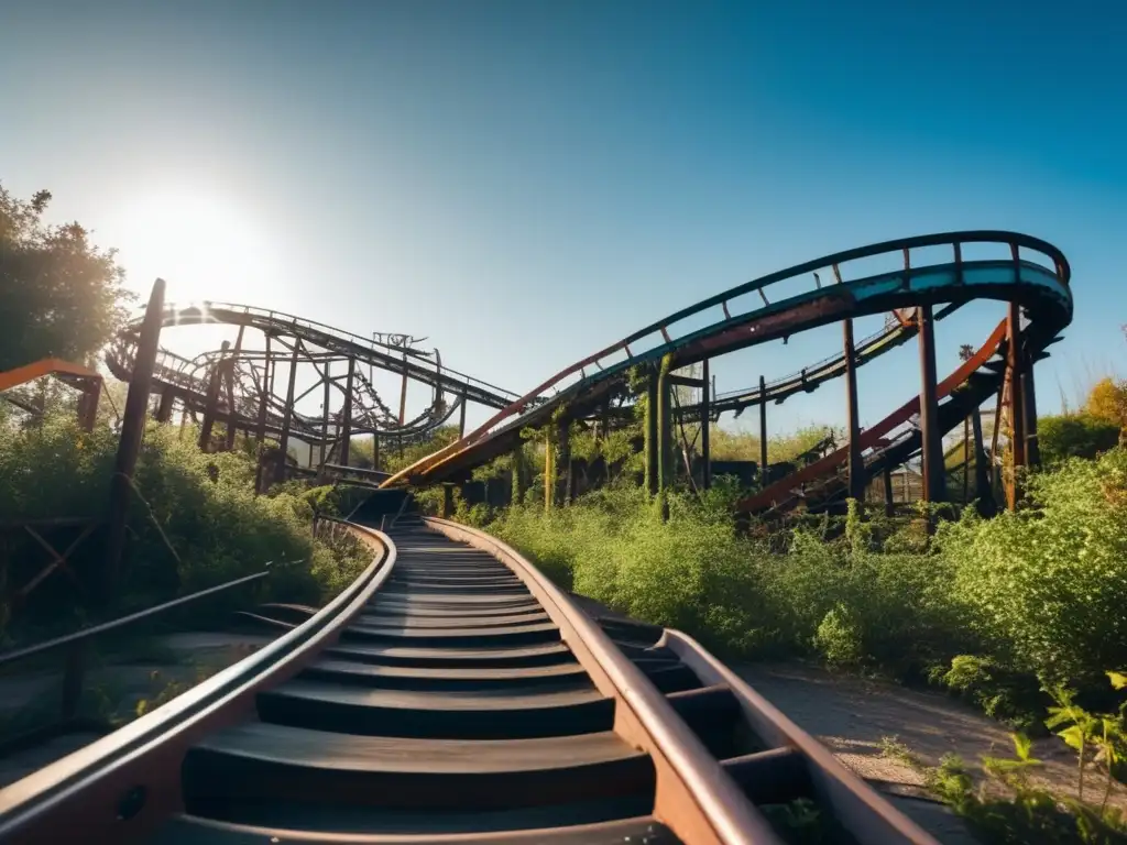 Un parque de diversiones abandonado y cubierto de maleza, con una montaña rusa oxidada serpenteando entre las estructuras en ruinas. <b>La luz del sol se filtra a través de los restos, creando sombras dramáticas en el pavimento agrietado.</b> En la distancia, los restos de una noria