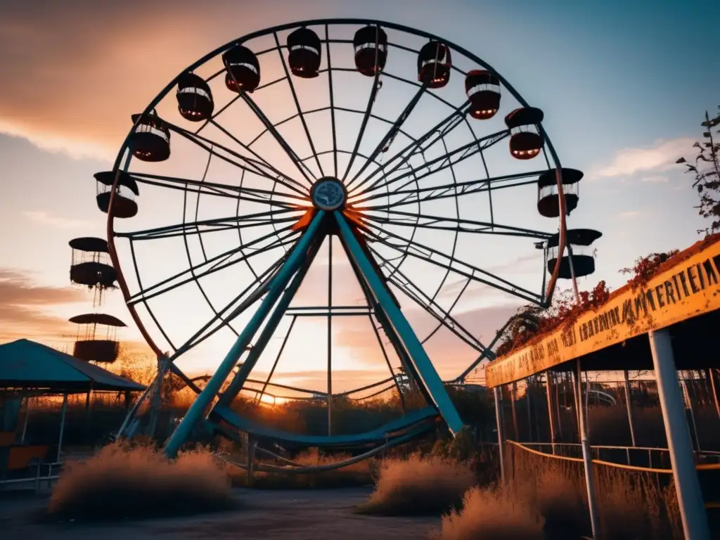 Un parque de diversiones abandonado con ruinas de atracciones y una atmósfera melancólica. <b>Locaciones abandonadas en series.