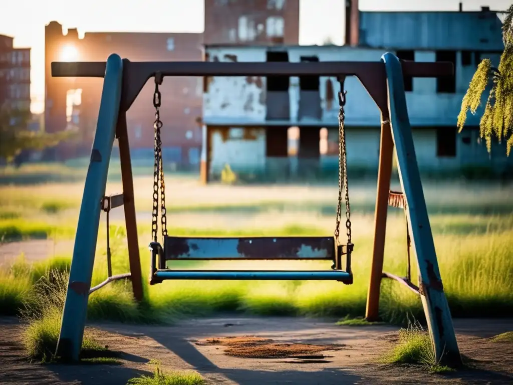 Un parque infantil abandonado en una ciudad fantasma, con columpios vacíos y edificios en ruinas. Fotografía en ciudades fantasma abandonadas.