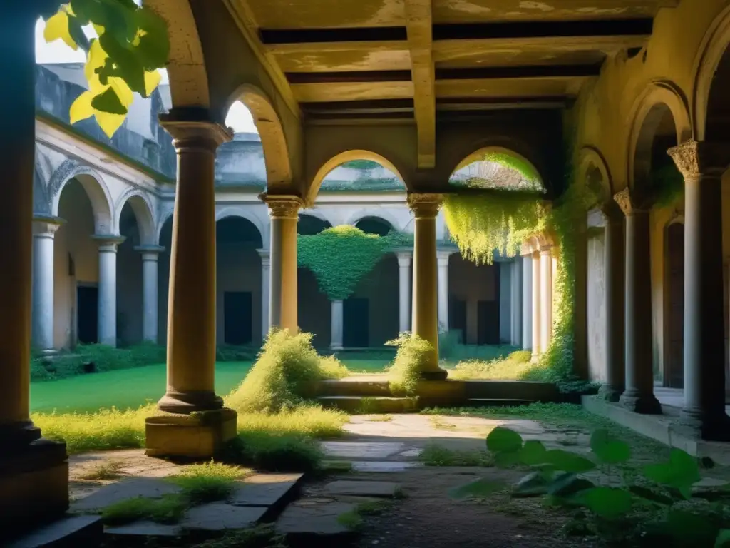 Patios abandonados: la decadencia y la naturaleza se entrelazan Un patio abandonado y sobrecogedor, con columnas derruidas y naturaleza reclamando su espacio. Lugares abandonados transmiten en vivo.