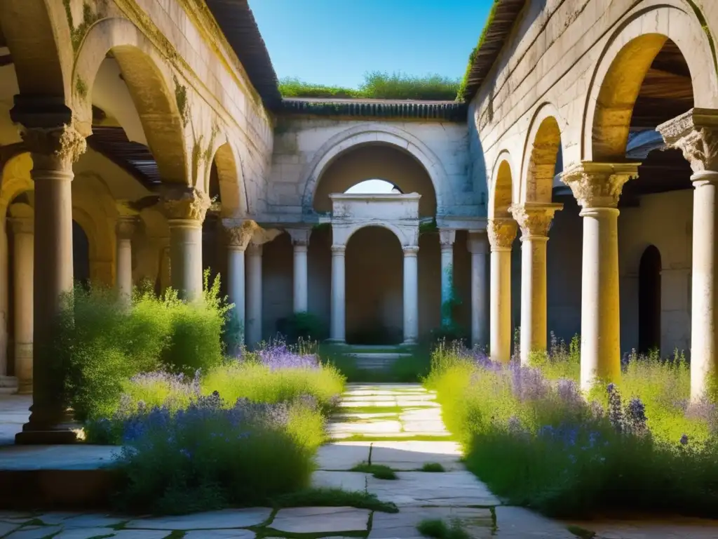 Un patio lleno de ruinas antiguas, columnas altas y arcos de piedra, con flores silvestres entre grietas. Ruinas de Cartago exploración abandonada