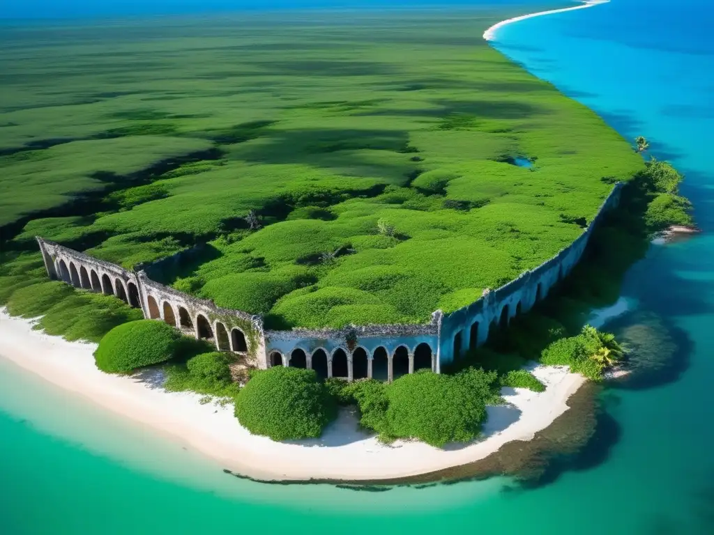 'Patrimonio abandonado en Isla Mozambique: Ruinas coloniales cubiertas de vegetación, rodeadas de agua azul y barcos tradicionales.'