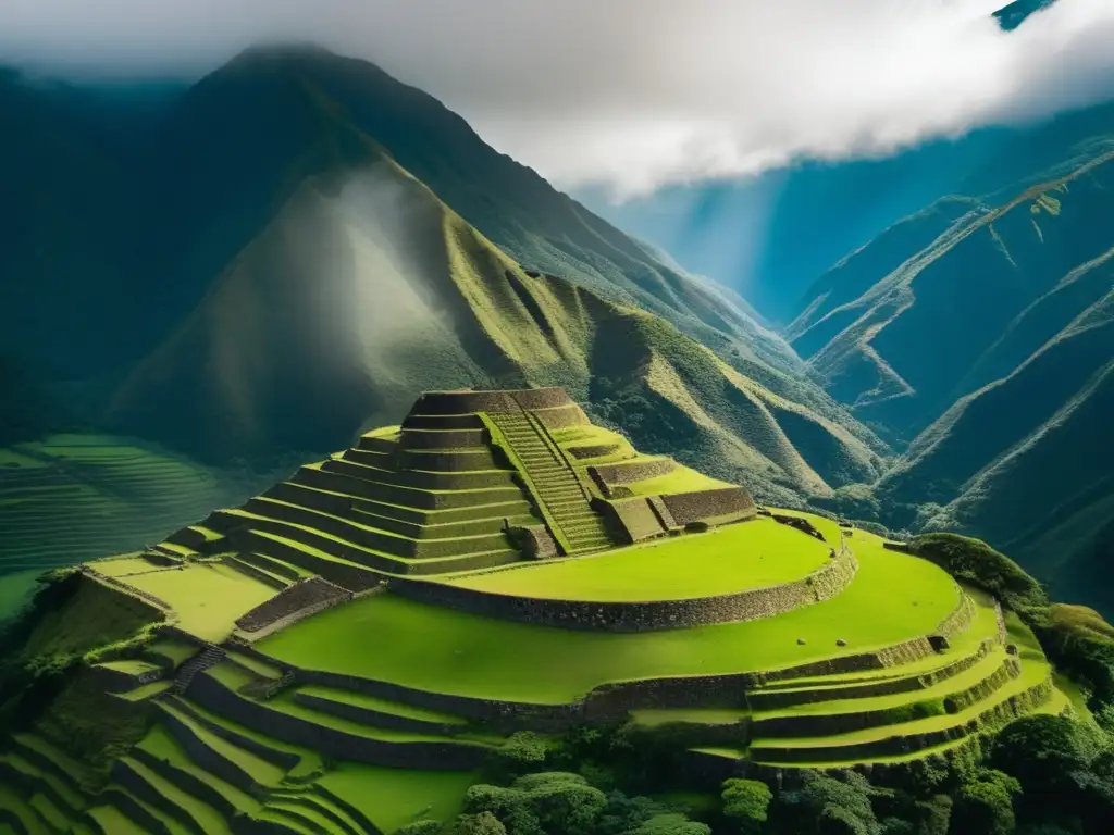 Vilcabamba ciudad perdida Incas: Ruinas antiguas rodeadas de montañas verdes y nubes, con luz cálida evocando misterio y maravilla.