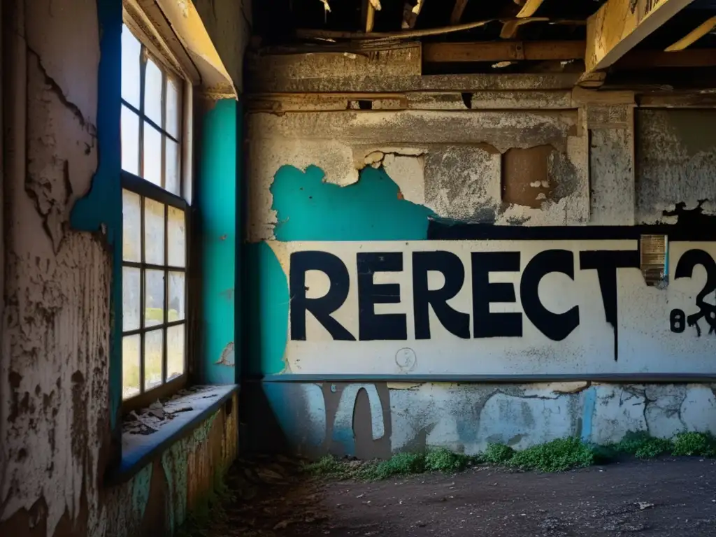 Pintura descascarada y grafitis en una construcción abandonada. <b>Detalles del deterioro y abandono, transmitiendo desolación y el paso del tiempo.</b> <b>Conservación de espacios olvidados.