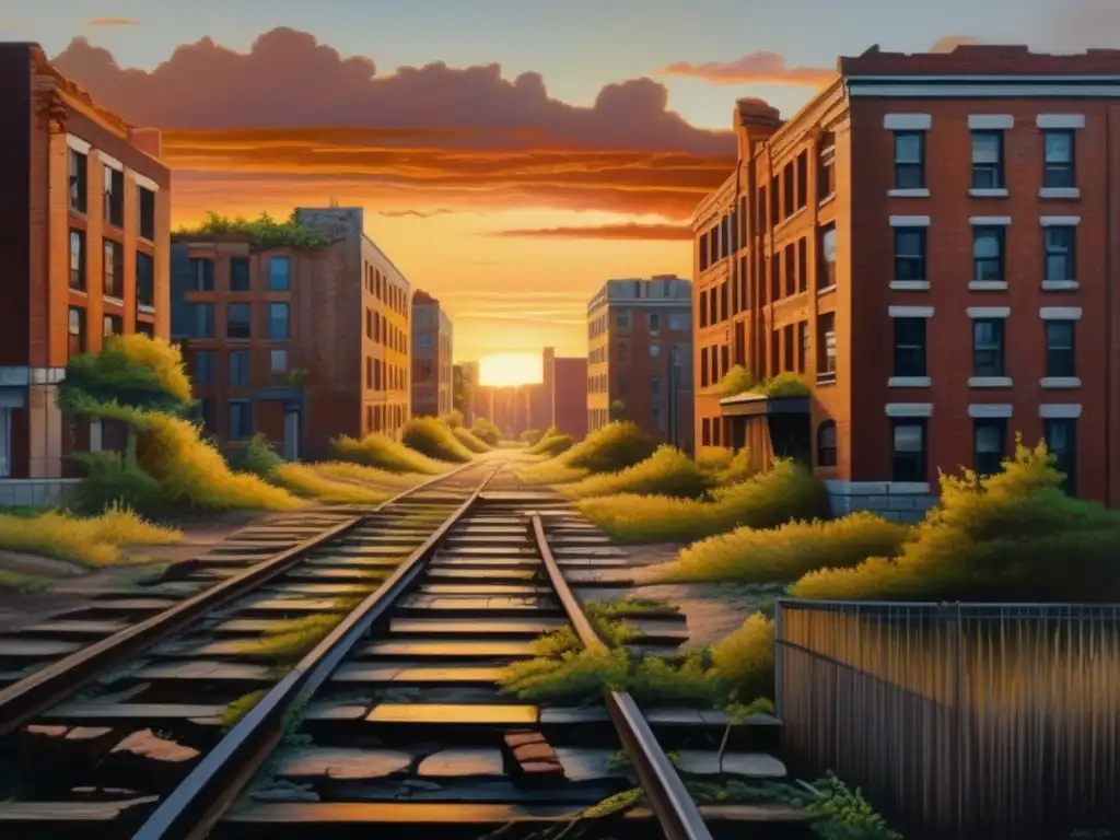 Una pintura al óleo hiperrealista de una ciudad abandonada, con edificios en ruinas y vegetación sobrecogedora, iluminada por un atardecer hermosamente inquietante. <b>Representación ciudades fantasma arte visual.