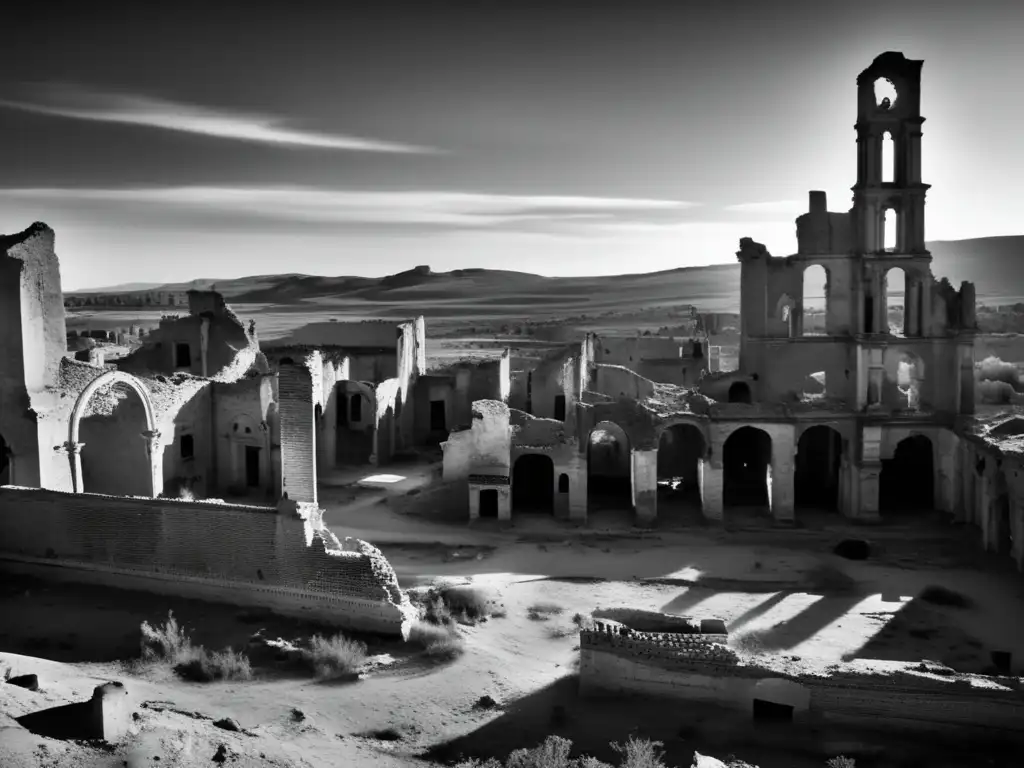 Una poderosa imagen en blanco y negro de las ruinas de Belchite, una ciudad fantasma abandonada por la guerra. Muestra la desolación y el impacto duradero, evocando una sensación de reflexión solemne.