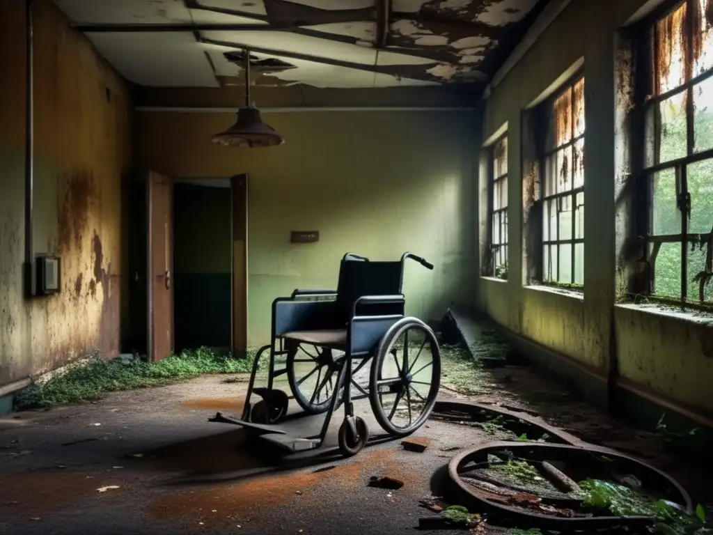 Explora la psicología del encanto en lugares abandonados con esta imagen detallada de un hospital psiquiátrico en ruinas.