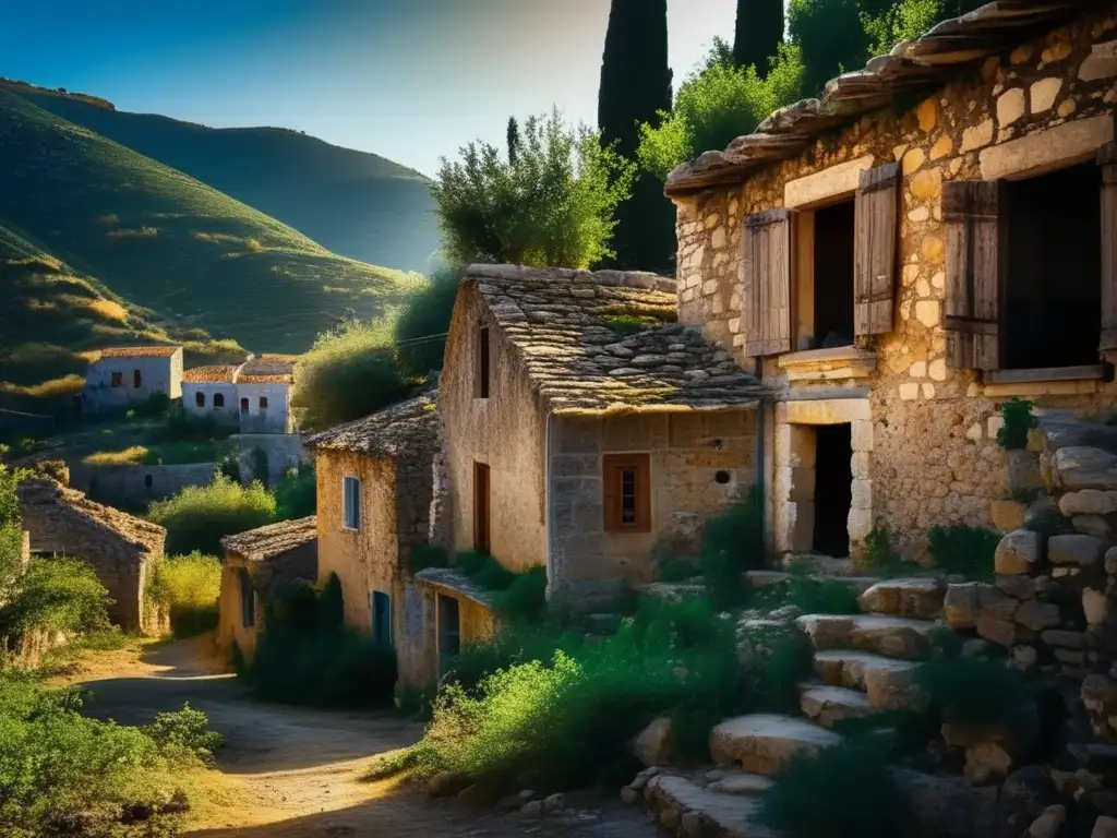 Un pueblo abandonado de Kayaköy en Turquía: casas de piedra en ruinas, vegetación crecida y luz cálida entre ventanas rotas. <b>Historia y melancolía.