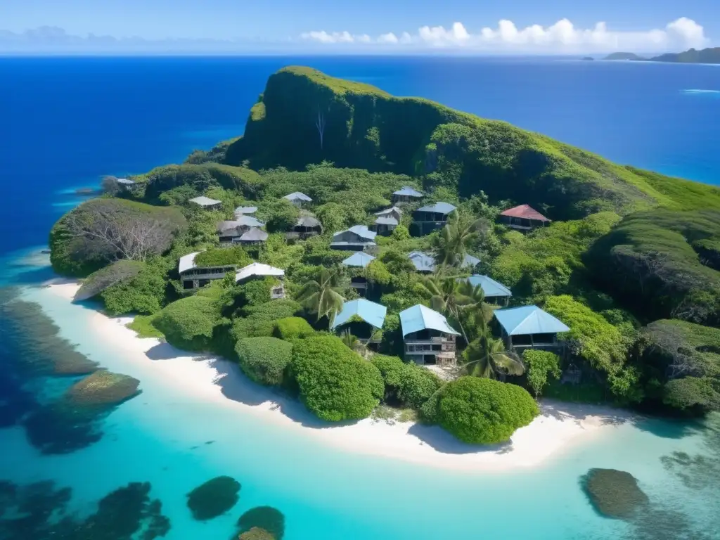 Un pueblo abandonado entre la exuberante vegetación de una isla remota en Oceanía. Relatos de supervivencia en islas remotas.