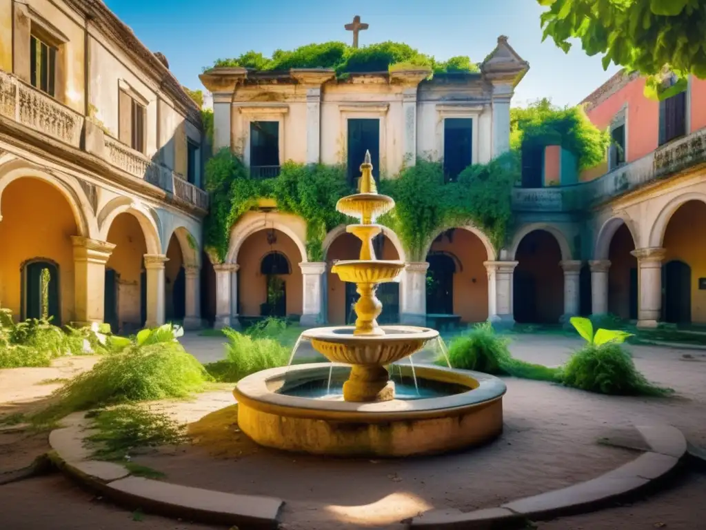 Un pueblo abandonado con una plaza festiva detenida en el tiempo, invadida por la naturaleza. <b>Lugares abandonados festividades tiempo detenido.