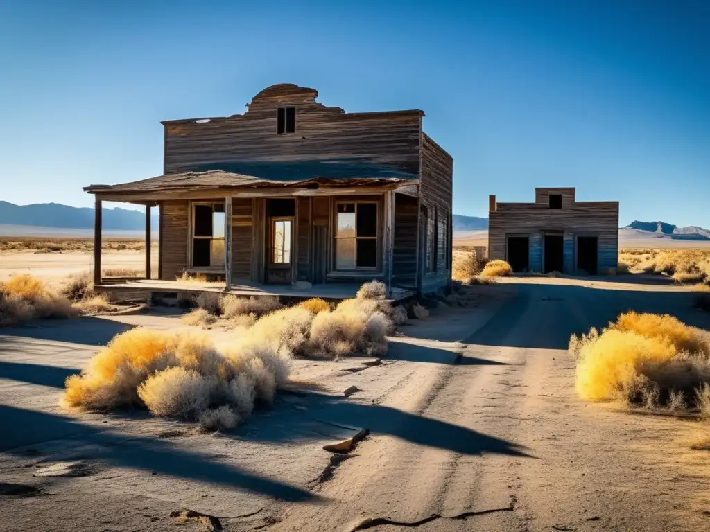 Un pueblo fantasma abandonado, con edificios en ruinas y un ambiente desolado bañado por la luz del sol. <b>Transformación de ciudades fantasma.