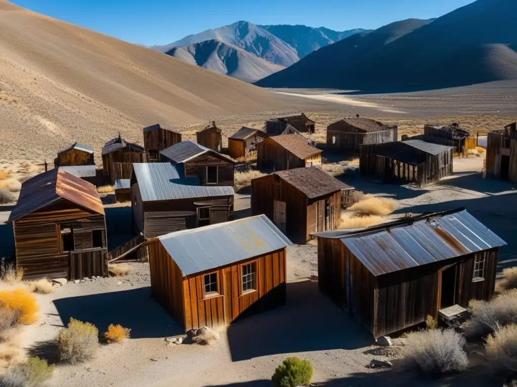 Un pueblo fantasma en Cerro Gordo, California: estructuras abandonadas y un paisaje desolado en las áridas montañas de Inyo.