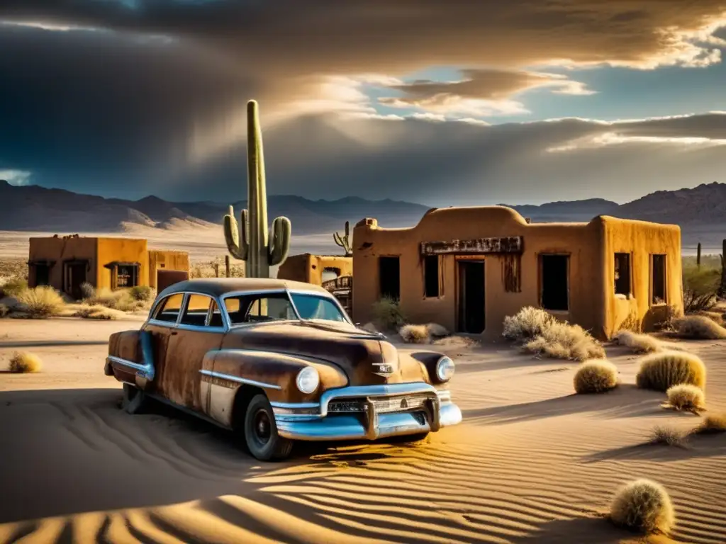 Un pueblo fantasma en la frontera del mundo, con edificios abandonados y un cielo dramático. La arena y los detalles crean una atmósfera evocadora.