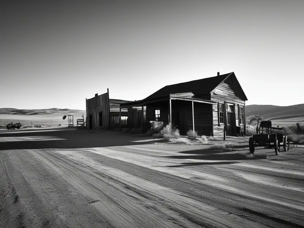 Un pueblo minero abandonado en California, con edificios y equipo oxidado, bajo el sol del atardecer. Evoca desolación y decadencia.