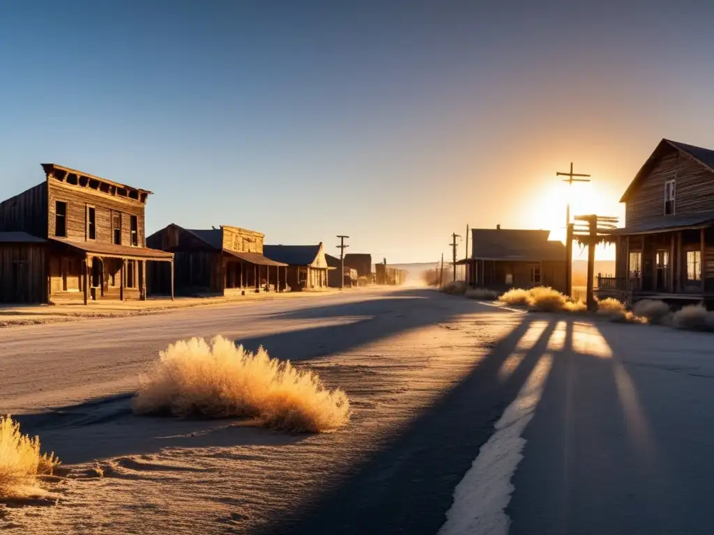 Un pueblo del oeste abandonado al atardecer. <b>Edificios de madera desgastados, calles agrietadas y la desolación de un lugar olvidado.</b> Una atmósfera icónica de ciudades fantasma y lugares abandonados.