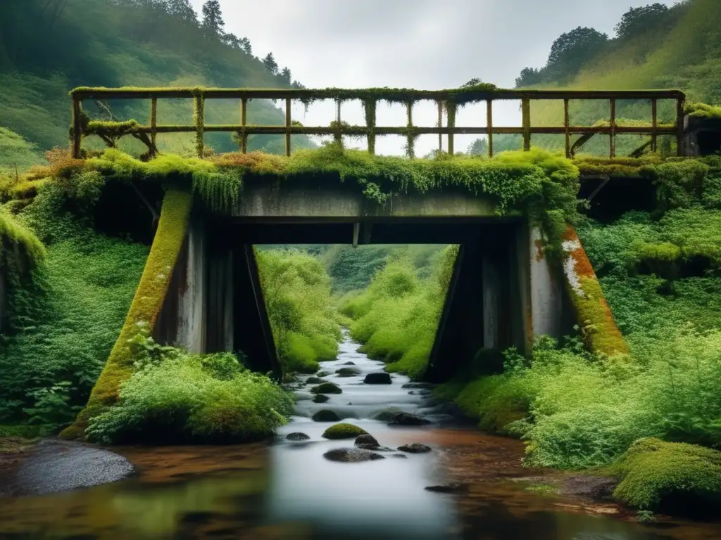 Un puente abandonado y cubierto de musgo en un paisaje desolado, resaltando el costo del abandono de infraestructura en áreas remotas.