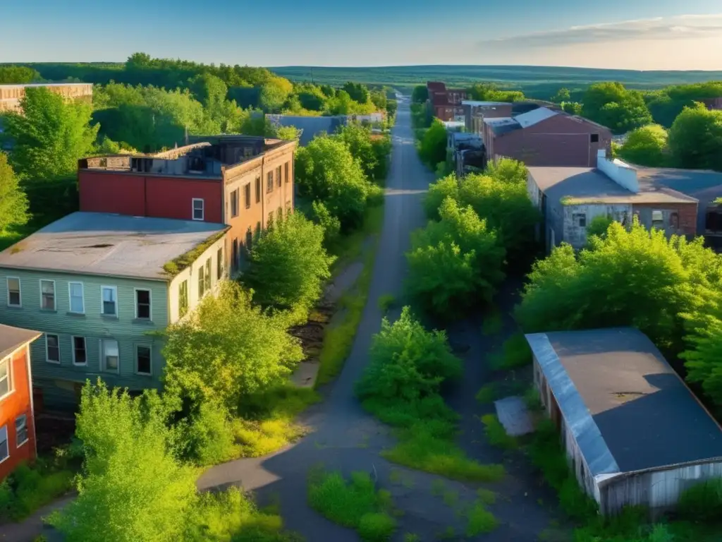 La Reconquista de la Naturaleza en el Pueblo Fantasma de Centralia: Naturaleza salvaje reclamando las calles y edificios abandonados, escena cautivadora de contrastes y resurgimiento.