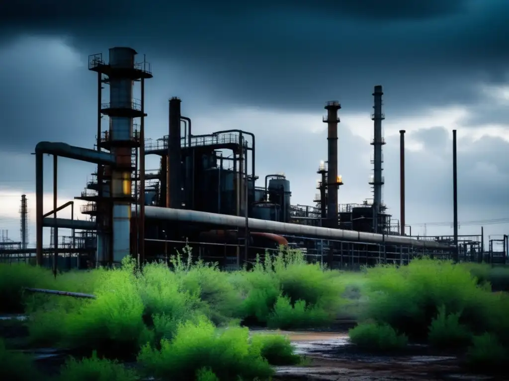 Refinería fantasma en Texas bajo cielo tormentoso y desolado, un símbolo de un pasado decadente.