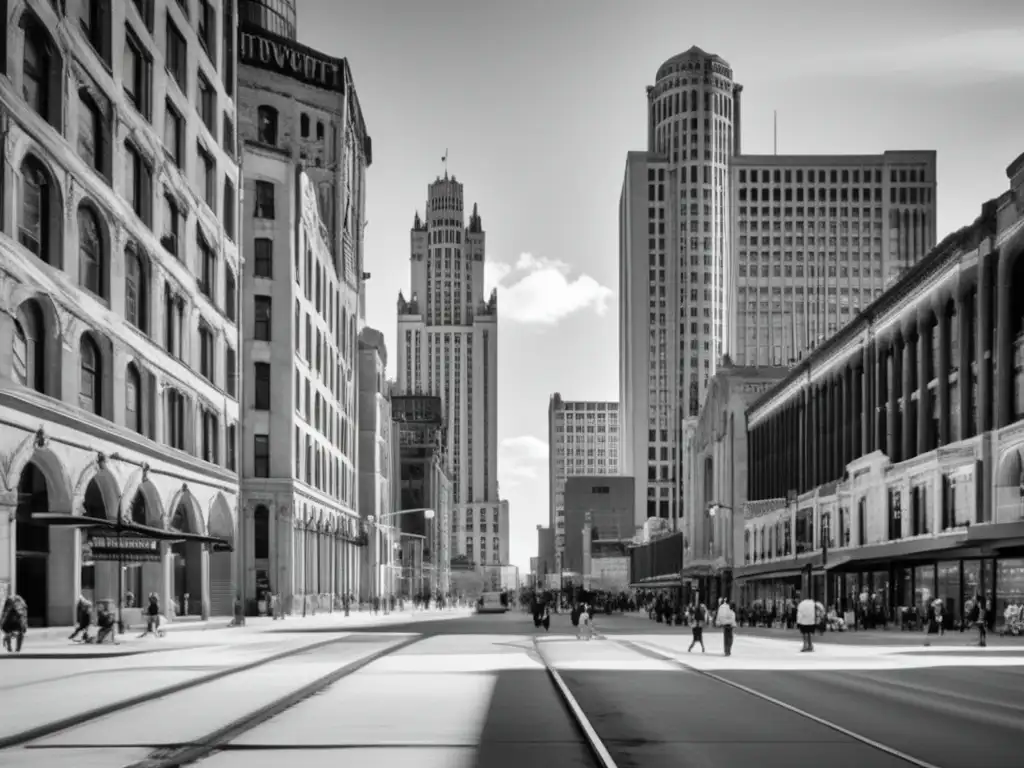 Renacimiento urbano en Detroit: calle bulliciosa en blanco y negro, con edificios renovados y abandonados, capturando la transformación urbana.