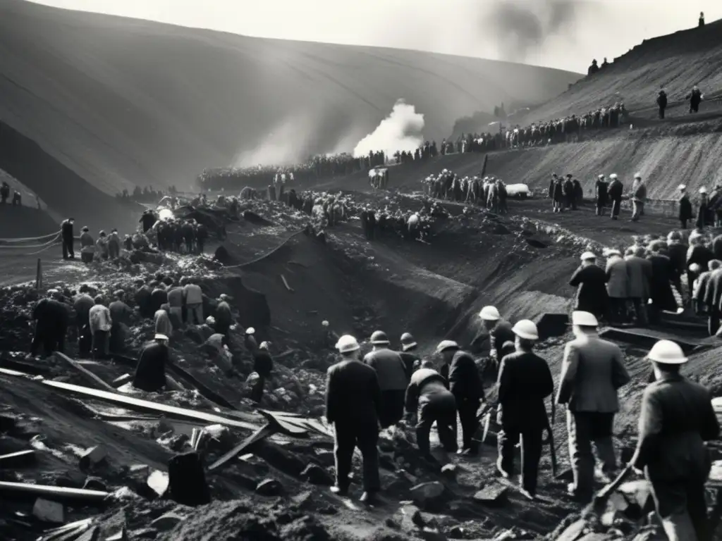 Rescatistas buscan entre los escombros tras la tragedia minera de Aberfan, evocando un sentido de dolor y pérdida.