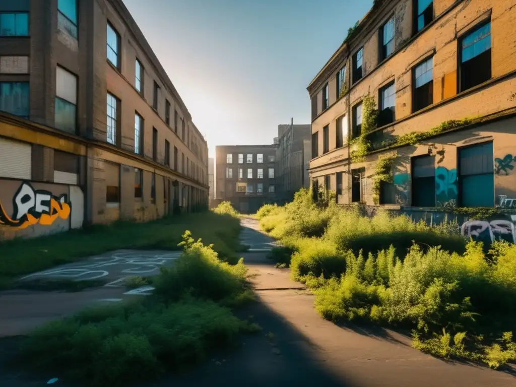 Una fotografía de alta resolución que muestra la impactante belleza y el impacto cultural de ciudades desiertas. Edificios abandonados cubiertos de graffiti, vegetación creciendo y la luz suave del atardecer crean una atmósfera nostálgica y contemplativa.