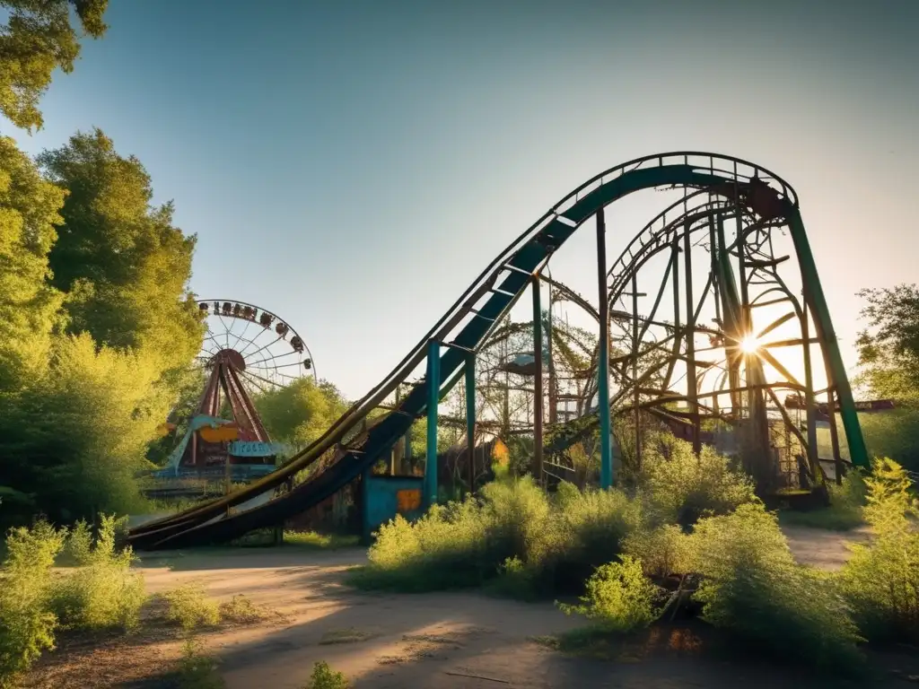 Una fotografía de alta resolución de un parque de atracciones abandonado y cubierto de maleza, con atracciones oxidadas y edificios graffiteados. <b>La escena desolada, iluminada por el sol, evoca una atmosfera inquietante y emocional.</b> Lugares abandonados atracción turística.