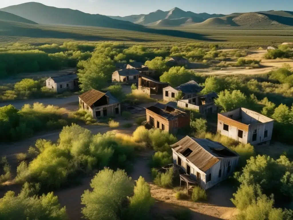 Restauración de ciudades fantasma turismo: Vista aérea de un pueblo abandonado con edificios en ruinas y naturaleza exuberante. <b>Una escena desoladora con contrastes impactantes.