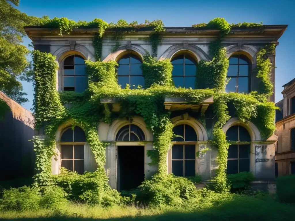 Restauración de lugares abandonados: Imagen de un edificio histórico abandonado, cubierto de hiedra y graffiti, con ventanas rotas y vegetación desbordante. <b>La luz solar filtra a través de las grietas, creando sombras inquietantes en la estructura en ruinas.</b> El contraste entre la veget