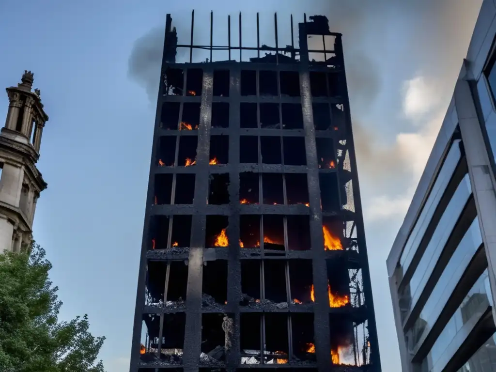 Los restos carbonizados de la Torre Grenfell, un recordatorio visual de la importancia de la seguridad en edificios abandonados.