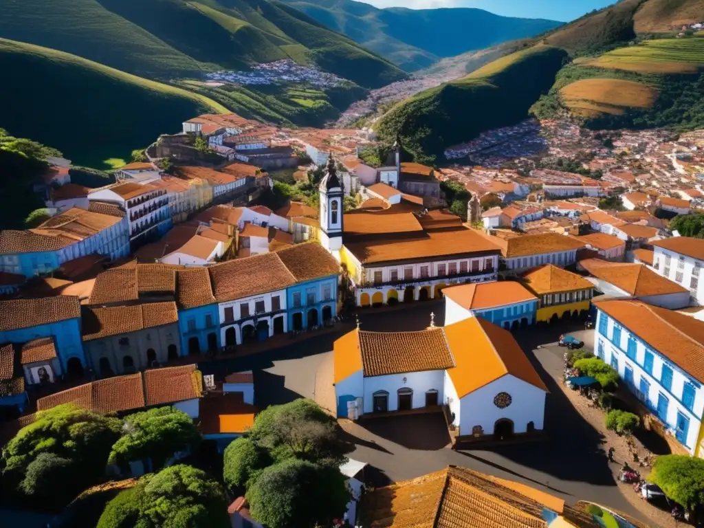 Revitalización urbana en Ouro Preto: vista aérea de la ciudad histórica con colores vibrantes, calles empedradas y juego de luces y sombras.